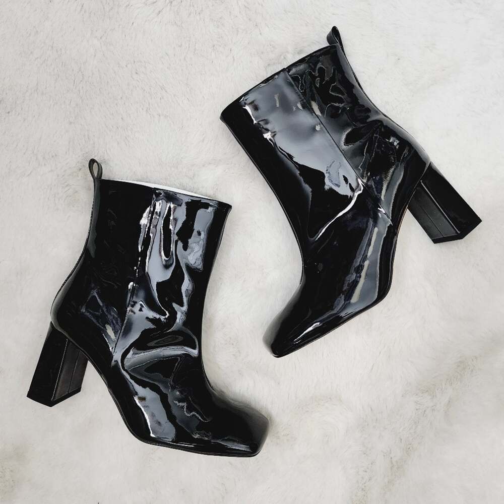 NEW Good American Black Patent Leather Square Toe Block Heel Booties 5